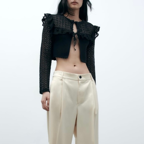 Zara tie front ruffled combination cardigan black - Picture 9 of 10